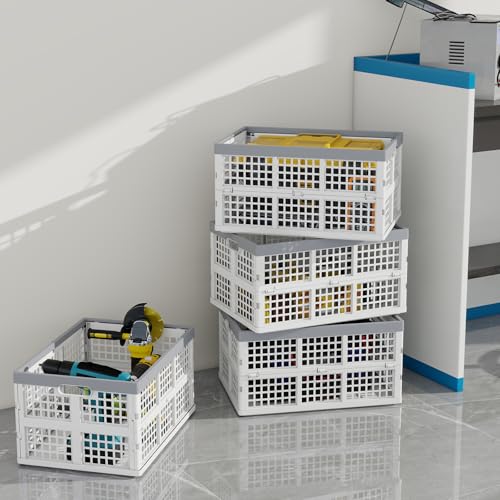 30L Collapsible Plastic Storage Baskets - 4 Pack, White
