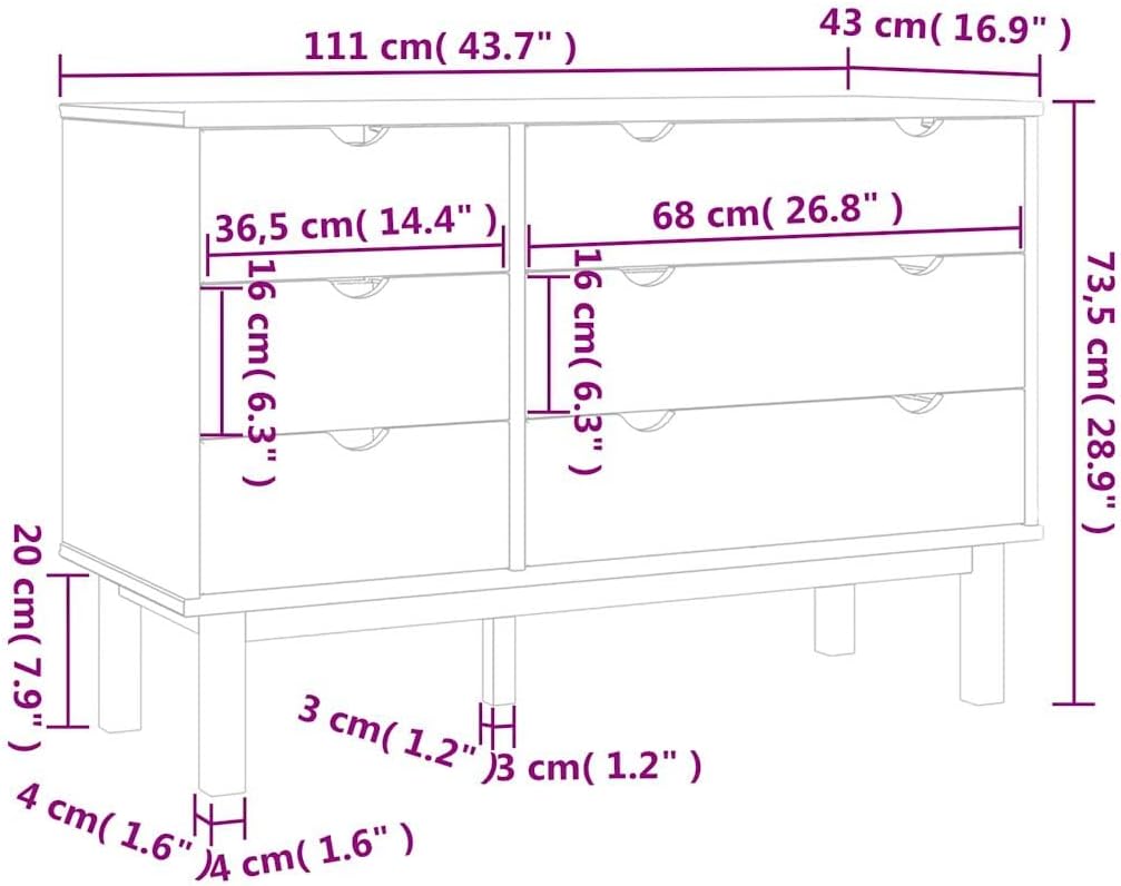 Générique Szafka z 6 szufladami z litego drewna sosnowego komoda 111 x 43 x 73 cm skandynawski organizer ze stabilną ramą i wytrzymałym blatem do wystroju domu