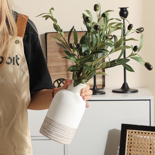 Ceramic Vase Set of 2 & 2Pcs Artificial Olive Leaves, Flower Vases Home Decor Rustic Vase Farmhouse Decor Vase Pottery Vase Boho Decorative Vase for Living Room, Bedroom,Bathroom - Image 3