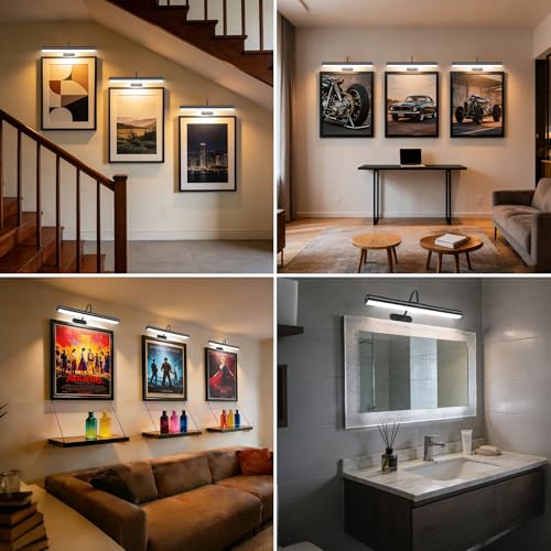 Image of Set of 2 Picture Lights with Timer Dimmer, Painting Light with Remote Rechargeable Battery ,Wall Art 3 Lighting Colors Temps,16inch Full Metal Over Picture Painting Frame Dartboard Gallery Hallway