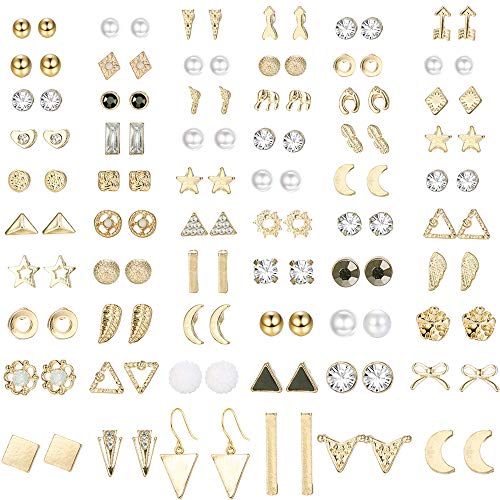LOLIAS 60 Pares Acero Quirúrgico Stud Pendientes Para Mujeres Hombres Estrella Luna Hoja Geométrica De Circonita Cúbica Piercing Oreja De Aretes De Perlas Sintéticas