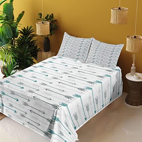 Ambesonne Teal Sheet Set, Retro Arrow Pattern in Horizontal Line Heading to Opposite Directions Art Print, Fitted and Flat Sheet with Pillowcases Bedding Accent 4 Piece Set, Calking, Grey Teal White - Thumbnail 5
