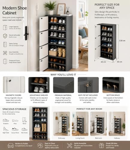 Image of Mevigo-Wooden Shoe Rack with 4-Door - Tall Shoe Cabinet with Doors, 7-Tier Freestanding Shoe Storage Organizer for Entryway, Engineered Wood Shoe Stand Cabinet, Space-Saving Narrow Shoe Rack Wooden