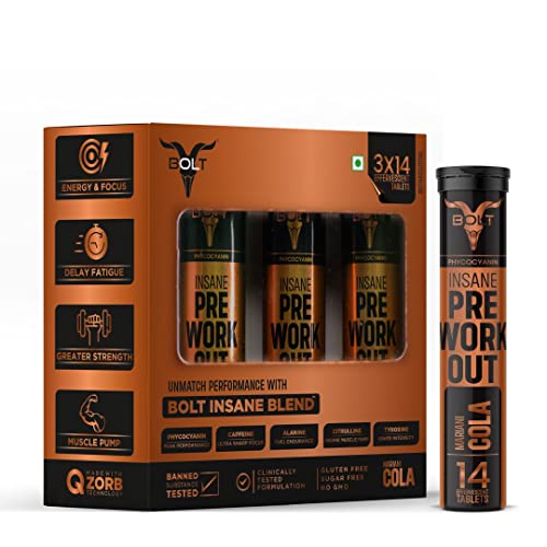 Bolt INSANE Pre-Workout Effervescent Tablet Supplements|Pre-Training Instant Drink for Performance & Energy Boost|Powerful Blend of Caffeine, Beta-alanine, Taurine, and L-arginine (Pack of 42 Effervescent Tablets –Mariani Cola)