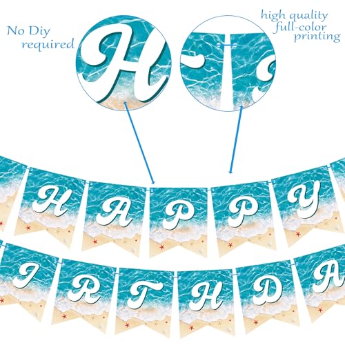 Ocean Beach Happy Birthday Banner 2-Piece Pre-Strung Summer Beach Birthday Party Decoration Blue Wave Cutout Banners for Pool Under The Sea Party Supplies - image 3