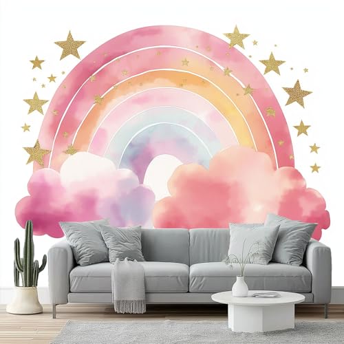 Fotomurales Arcoíris Nubes Infantil Dulce Papel pintado tejido no tejido decoración Pared decorativos 400 x 280 cm Sala Cuarto Oficina Salón Decoración Casa Oro rosa