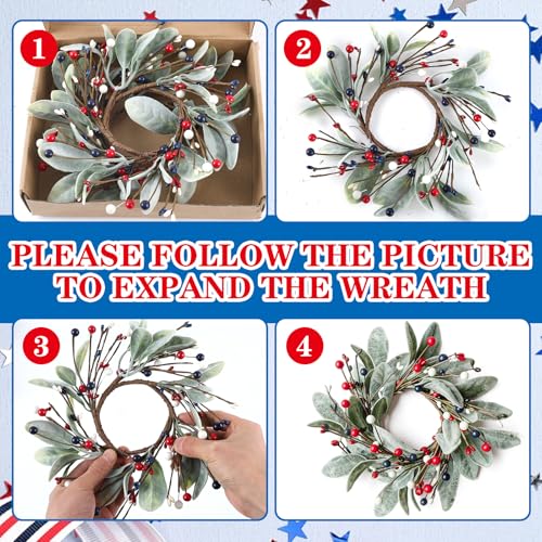 Image of 4 PCS Patriotic 4th of July Candle Rings Wreaths Independence Day Candle Rings Holder with Red White Blue Berries & Lamb's Leaves Mini Memorial Day Labor Day Wreath for Home Table Centerpiece Decor
