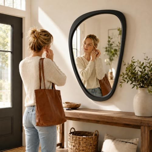 Image of Solid Wood 36x24 Matte Black Irregular Bathroom Vanity Wall Mirror | Matte black contrast suits modern and industrial bathrooms, over-sink vanities, powder rooms, guest baths, black fixtures.