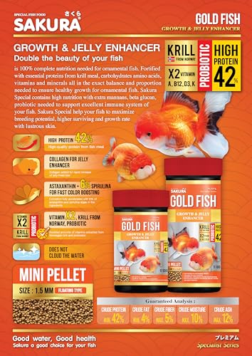 Image of Sakura Super Premium Special Food for Gold Fish with Krill,Vitamin (A,B12,D3,K) & Probiotic Mini Pellet 1.5 mm- 50 Gm,Small