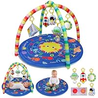 OKOOKO Baby Play Mat, Activity Baby Play Gym with Arch, Solor System Playmats & Floor Gyms, Alphabet Mat，Detachable Mirror and Soft Book, Thick Non Toxic Playmats for 0+