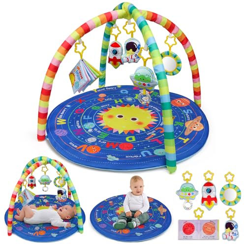 OKOOKO Baby Play Mat, Activity Baby Play Gym with Arch, Solor System Playmats & Floor Gyms, Alphabet Mat，Detachable Mirror and Soft Book, Thick Non Toxic Playmats for 0+