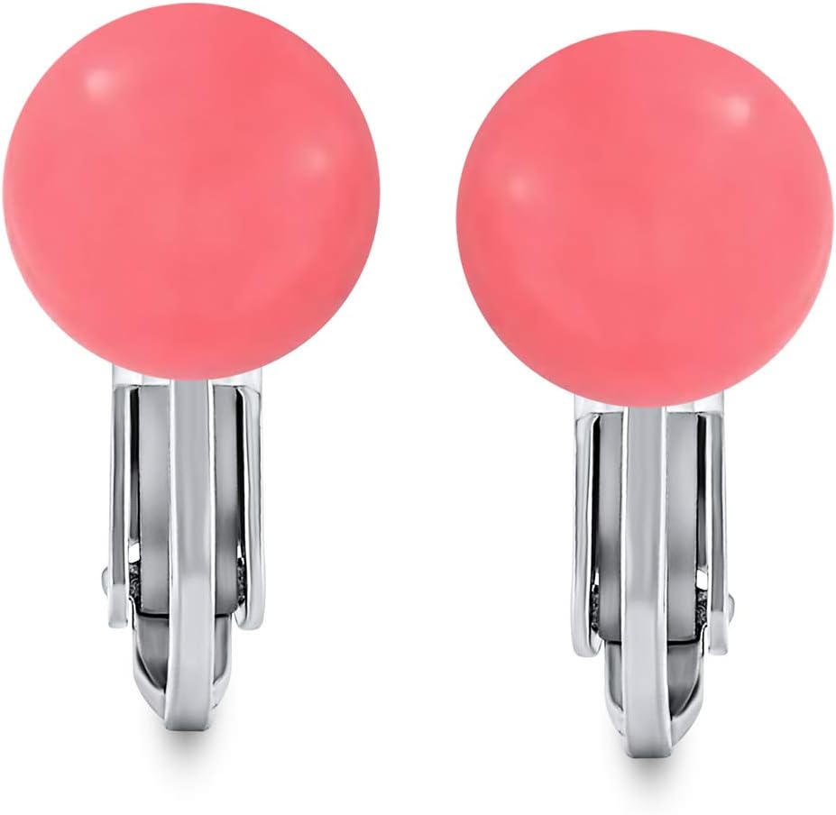 Simple Gemstone Round Bead Ball Stud Clip On Earrings For Women Non Piercing .925 Sterling Silver Birthstone Colors 8MM