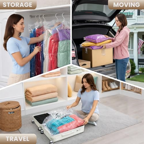 Image of enem Hanging Vacuum Bags For Clothes With Pump | Pack of 4 (2 Jumbo, 2 Large) | Travel Vacuum Bags For Clothes | Wardrobe Organizer For Storage | 1 Year Warranty from enem