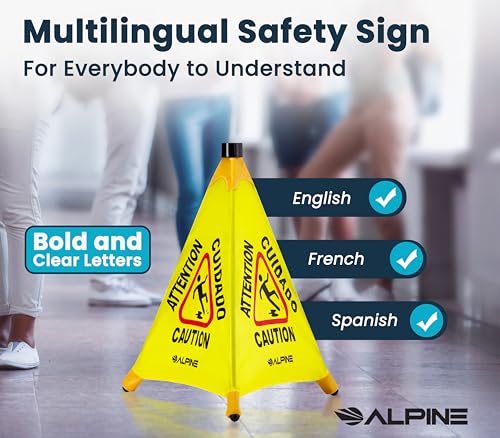 Image of Alpine Caution Wet Floor Sign 3 Pack - Pop Up Slippery When Wet Sign, Wall Mounted Foldable Bilingual Yellow Safety Warning Caution Cone for Commercial & Office Use (20 Inches)