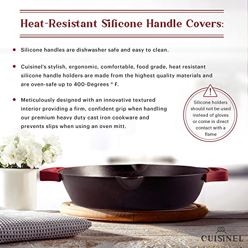 Image of Cast Iron Skillet - 12 inch-Inch Dual Handle Frying Pan + Silicone Handle Holder Covers + Pan Scraper - Pre-Seasoned Oven, Grill, Fire, BBQ, Stovetop, Induction Safe Kitchen Cookware - Indoor /Outdoor Use