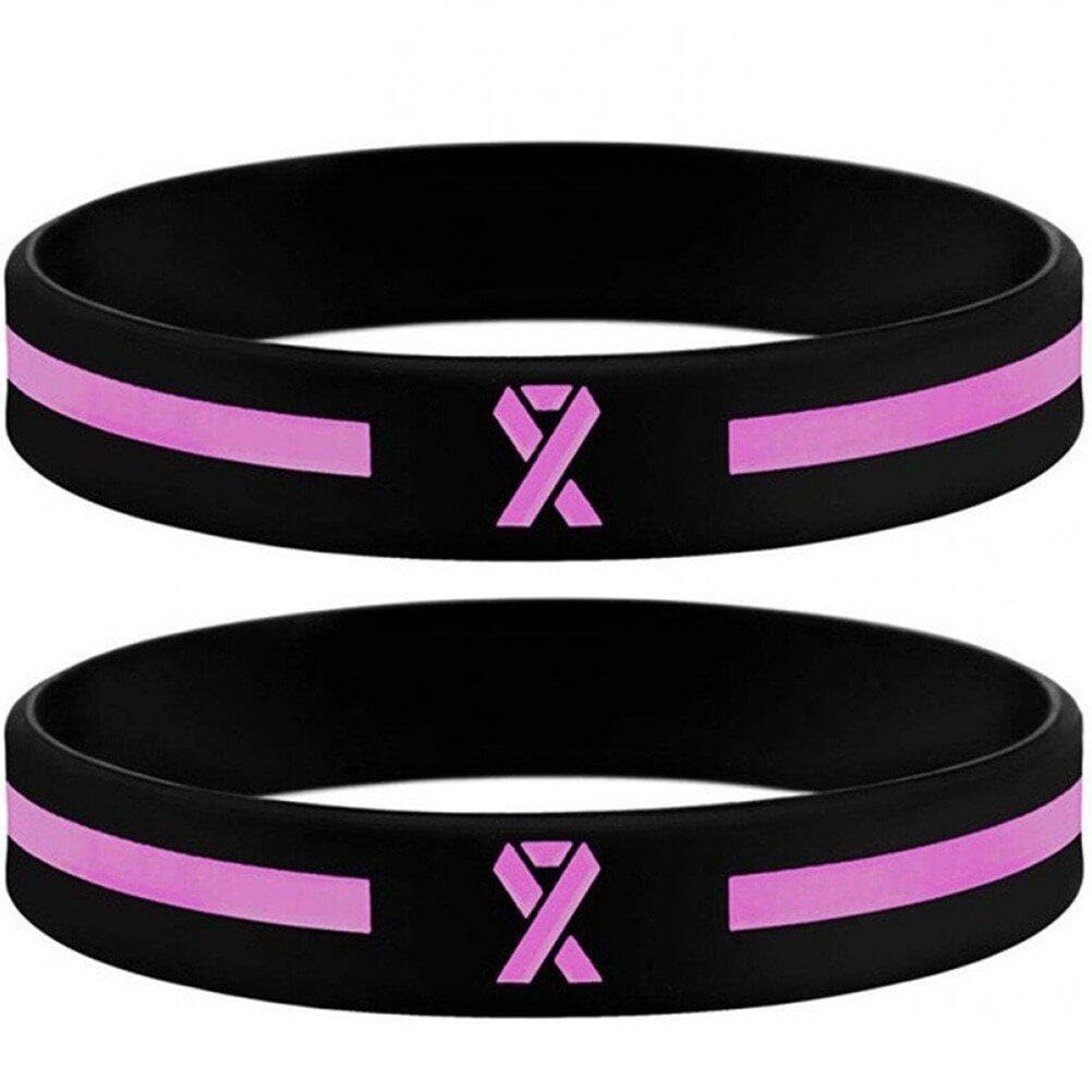 Lpitoy Pink+Black 2Pcs Black Breast Cancer Awareness Pink Ribbon Silicone Wristband Bracelets