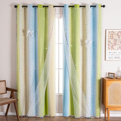 Image of 52x95 Mix & Match Double Layer Laser-Cut Stars Gradient Blackout Curtains with Foil Print Sheer, 2 Panels Set - Green Yellow Blue