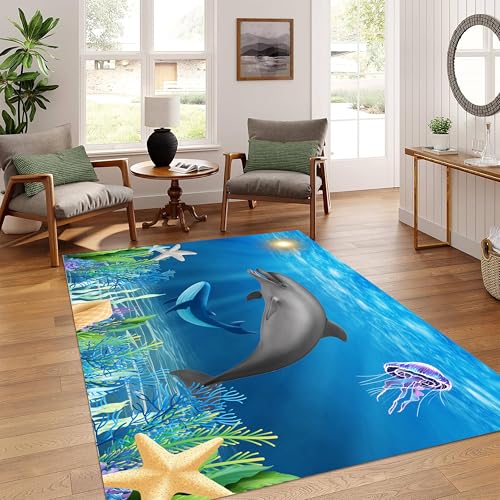 YJDRUG 70x140cm rutschfeste Maschinenwaschbare Kurzflor-Teppich Mit Delfin & Seestern Design – Tropische Meeresmotive für Wohnzimmer, Schlafzimmer & Eingangsbereich – Weiche Badematte In Ozean-Optik