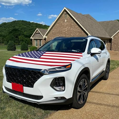 Image of American Hood Flag Cover - 59x51 in Car Hood Cover American Flag for Car Decor, Patriotic Car American Flag with 2 Pack Adjustable Triangular Fasteners