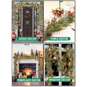 6FT Christmas Garland Artificial Red Berry Greenery Norfolk Pine Garland String Lights with 20 LED Light for Indoor Outdoor Home Mantle Xmas Holiday