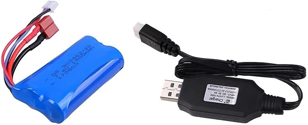 BTG 7.4V 1500mAh Lithium Battery T Plug with USB Charger Compatible with Feiyue FY-03 Wltoys 12428A/B/C 12423 12409 12401 12402 12403 12404 RC Car
