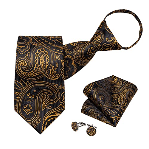 Image of DiBanGu Silk Zipper Ties for Men,Paisley Solid Plaid Pre-tied Tie and Pocket Square Cufflinks Set Formal Adjustable Necktie
