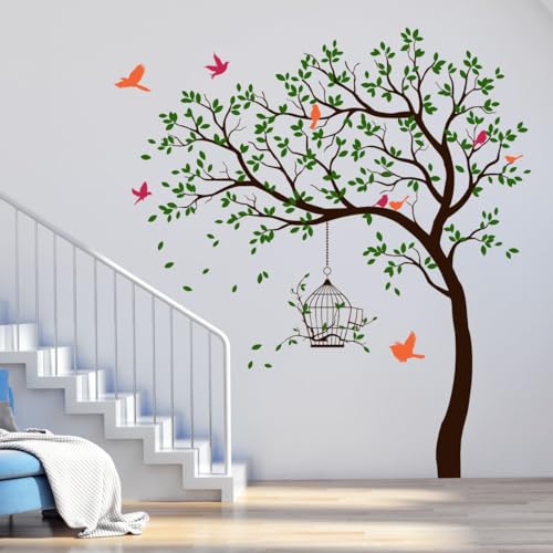 Image of Rawpockets Tree with Birds and Cage Self Adhesive Wall Sticker (Dark Green)-Vinyl