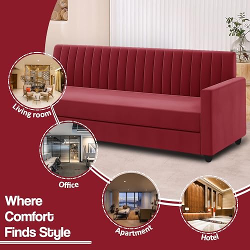 Image of 3+2 Fabric Sofa Set with Ottoman for Living Room | Modern Upholstered 5-Seater Couch | Soft Cushion, Premium Velvet Fabric-Red