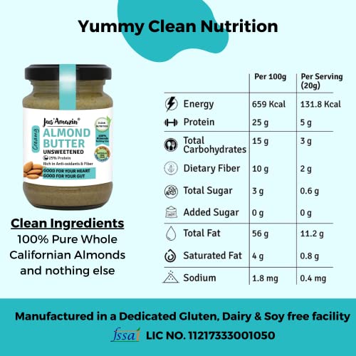 Image of Jus' Amazin Creamy Almond Butter - Unsweetened (125 g) | 25% Protein | Only Pure Whole Almonds | Zero Additives /Chemicals |Plant Based, Dairy Free, Keto | Clean Nutrition, 0% Chemicals