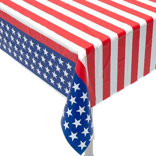 Image of Fun Express 40 inch x 100 Ft. Patriotic Disposable Plastic Tablecloth Roll, Great for 4th of July, Memorial Day, Veteran's Day and Other Americana Events, Choose Your Color (Stars Stripes)