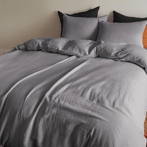 LINENWALAS 100% Cotton Muslin Duvet Cover Set- 3-Piece Ultra Soft & Breathable Bed Linen, Hotel Quality Quilt Cover with Bow Knot Closure for Double Size Bedding (200x200 cm, Light Grey) - Image 5