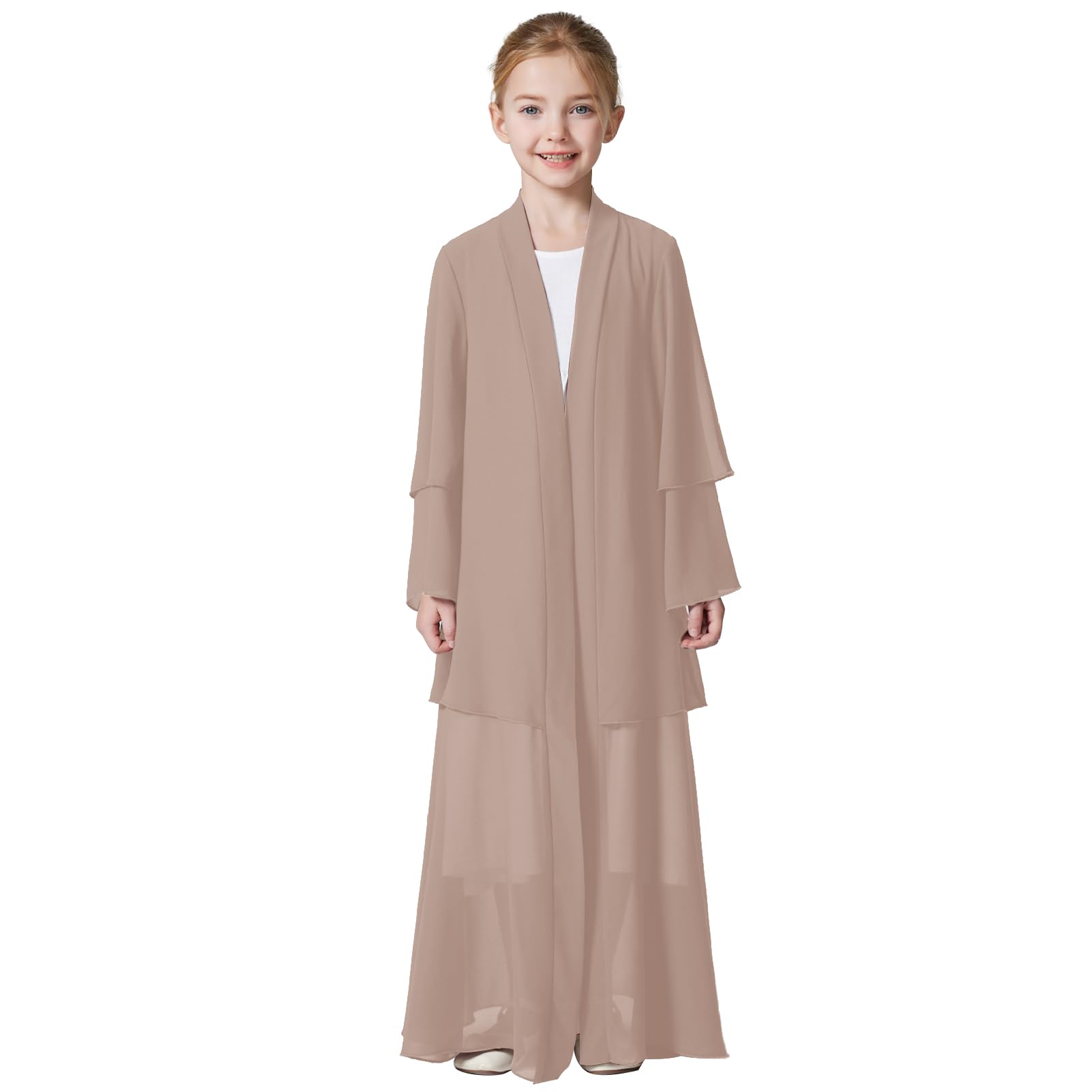 IDOPIP Girls Muslim Abayas Dress with Hijab 2PCS Prayer Clothes for Toddler Chiffon Open Front Cardigan Ramadan Dresses Islamic Dubai Robe Kids Maxi Kaftan Casual Thobe Outfits Champagne 4-5 Years