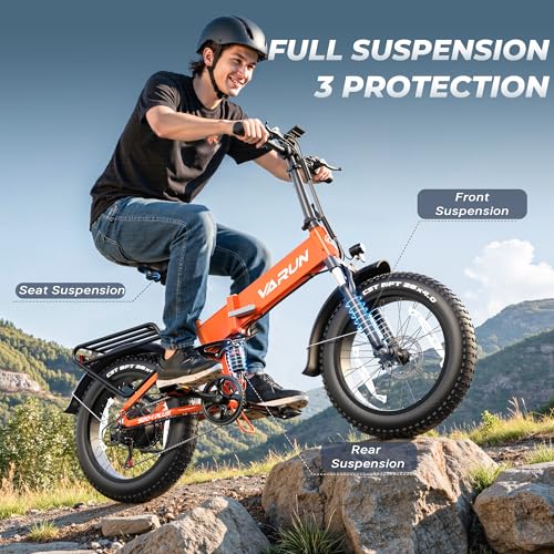 Image of VARUN Electric Bike - 1000W Peak Motor, 25MPH, 60+ Miles, 20 inch * 4.0 inch Fat Tire Foldable Ebike with 48V 13 Ah Battery Lightweight Aluminum Frame E-Bike for Adults with Front Suspension /Full Suspension