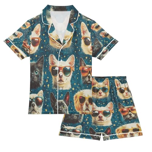 Satin Pajama Sets Short Sleeve Cats Wearing Sunglasses Button Down Silky Nightwear 2 Piece PJS 5-14Y