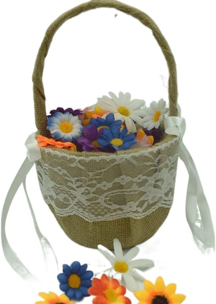 Scattered Petals Flower Basket Rustic Jute Woven Bridal Flower Girl Portable Wedding Flower