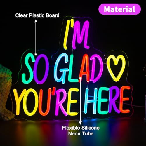 Image of I'm So Glad You're Here Neon Sign, Letter Neon Signs for Wall Decor Dimmable Light up Sign, Classroom Wedding Kids Room Store Home Neon Decor 14.17 x 12.2 inch