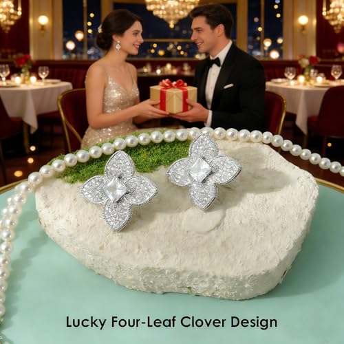 Image of Clover Earrings for Women Trendy 14K Gold Plated Four Leaf Stud Earrings Silver Flower Huggie Hoop Lucky Dangle Drop Earrings Jewelry St. Patrick's Day Christmas Anniversary Birthday Gift for Lover Daughter Mother Girlfriend