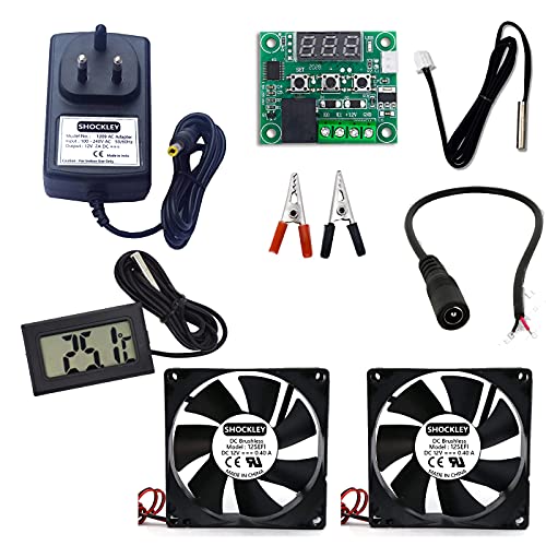 Image of Shockley Combo of XH-W1209 50~100 digital temperature controller thermostat with 2 fan + 12v 2amp adapter + alligator clip + DC Female Jack + Thermometer TPM-10