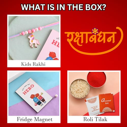 Image of ascension Unicorn Kids Rakhi with You Are My Hero Fridge Magnet & Roli Chawal Tilak Set | Cute Cartoon Designer for Boys & Girls | Raksha Bandhan Gift Combo for Brother | Premium Thread Rakhi