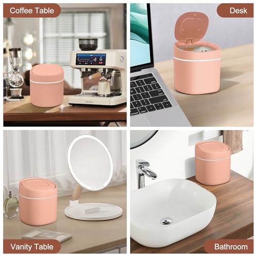 Image of Soddeph Plastic Mini Trash Can with Lid,Small Desktop Waste Bin for Bathroom, Office, or Kitchen,Pop-Up Countertop Wastebasket for Counter, Vanity, or Coffee Table (Pink)