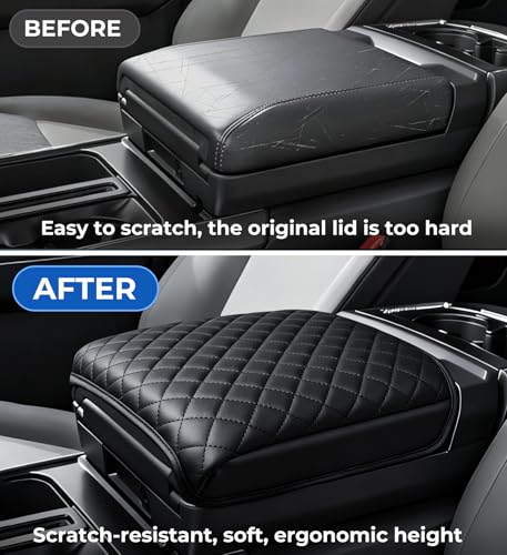 Image of Center Console Cover for Ford F150 2021-2026 & F150 Lightning 2022-2026, Fits Work Surface Console Only, 1.2-Inch Thick PU Leather Armrest Cushion Protector with 2 Side Pockets, Black
