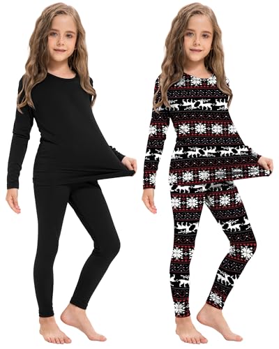 Silkfly 2 Pack Girls Thermal Underwear Set Fleece Lined Thermals Top and Bottom Base Layer for Girls Winter(Medium,Black, Christmas Colors)