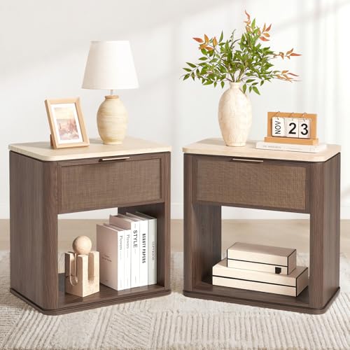 Image of Night Stand Set of 2, 23.11 inch W Rattan Nightstand with 1 Drawer and Open Shelf, Faux Marble Top Bedside Table, Boho Mid Century End Table for Bedroom Living Room Office, Dark Oak [FSC Certified]