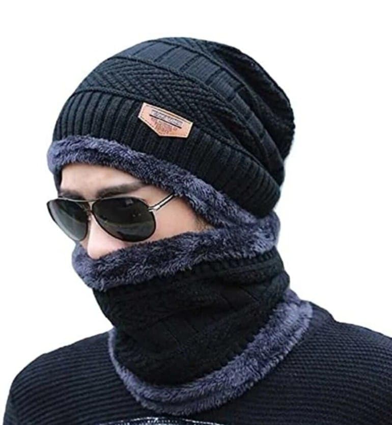 Winter Knit Beanie Hat and Neck Warmer Set, Burgundy Red with Grey Fur Lining, 2-in-1 Unisex Winter Accessories for Cold Weather Activities-image-30