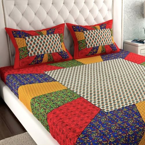 Image of UNIBLISS 100% Cotton Rajasthani Jaipuri Traditional Floral King Size Double Bed Bedsheet with 2 Pillow Covers - (Multicolor Bedsheets014)