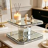 GIMORRTO Mirrored Display Riser with Rhinestone Trim, Two-Tier Square Stand, Decorative Glass Platform (6 inches high)