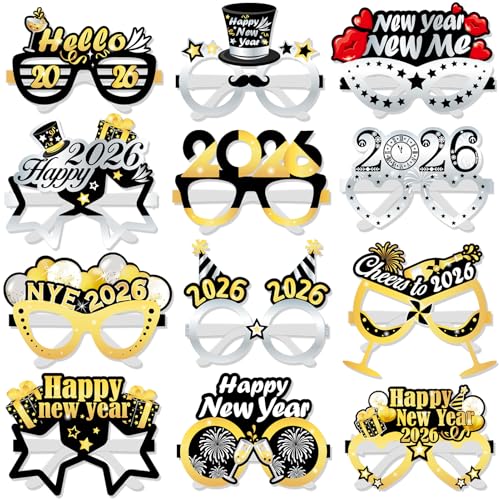 HOWAF 12pcs Nochevieja Gafas 2026, Papel Feliz Año Nuevo Gafas de Fiesta 2026 Photocall Gafas Nochevieja 2026 para Niños Adultos Cotillon Nocheviejabolsas Cotillon Fin de Año New Year Paty