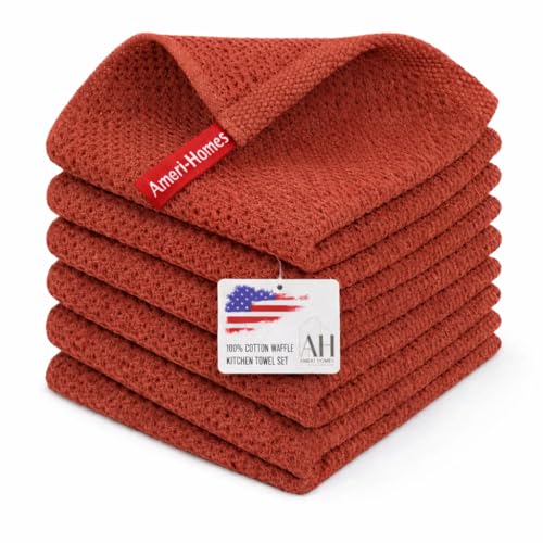 Image of Ameri-Homes 100% Cotton Waffle Weave Kitchen Dish Cloths 6-Pack- Ultra Absorbent & Quick Dry Cleaning Towels for Dishes, Counters & Kitchen Use - Soft, Durable & Lint-Free13.50 X 13.50 inches (Red)