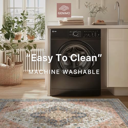 GENIMO 9x12 Area Rugs for Living Room, Non Slip Machine Washable Vintage Rugs, Low Pile Lightweight Chenille Print Large Rug for Bedroom, Dining Room, Home Office, Blue Brick Red