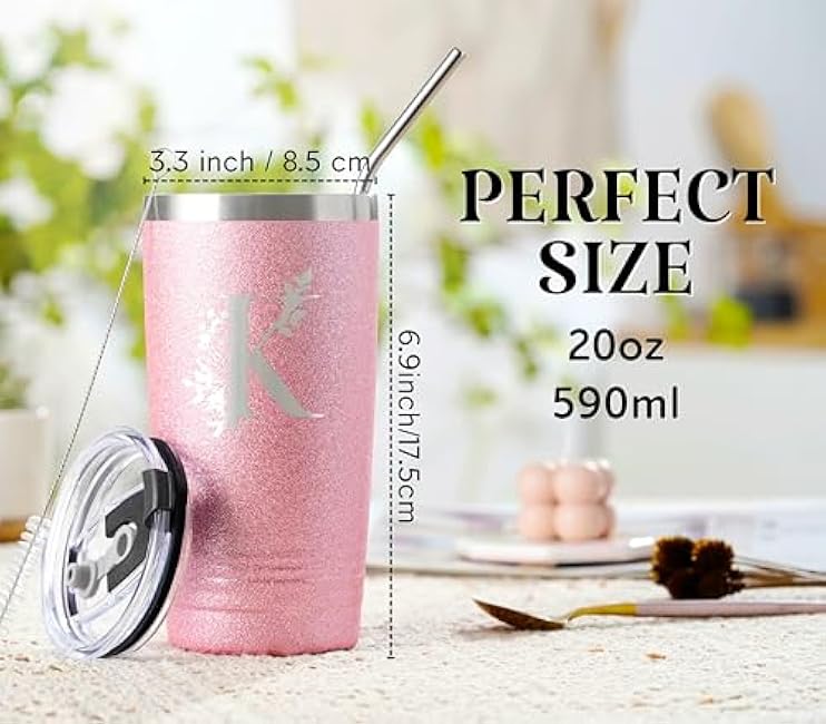 Personalized Tumblers with Lids and Straws for Women, Monogrammed Travel Mugs with Initials, Unique Gifts for Her on Birthdays Xmas, Rose Gold, G